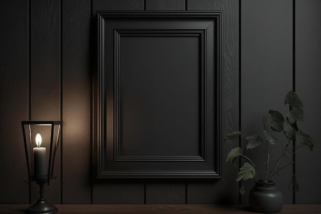 A black photo frame affixed to a dark hardwood wall Mockup in its blankest form