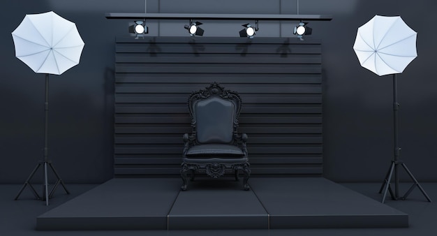 Black Photo studio concept with soft box light and black armchair Photo studio with modern black interior and lighting equipment 3D render