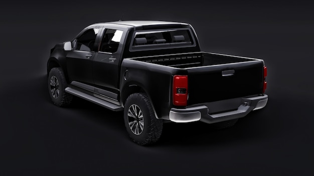 Black pickup car on a black background. 3d rendering.