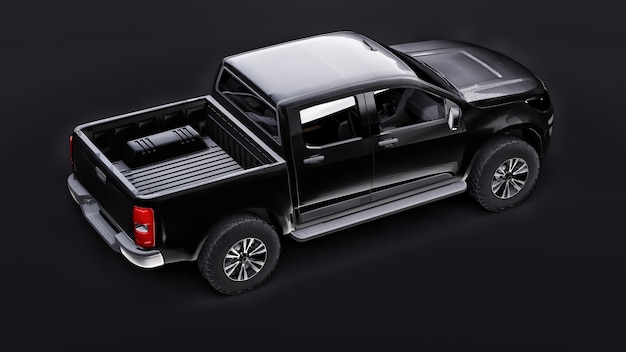 Photo black pickup car on a black background. 3d rendering.