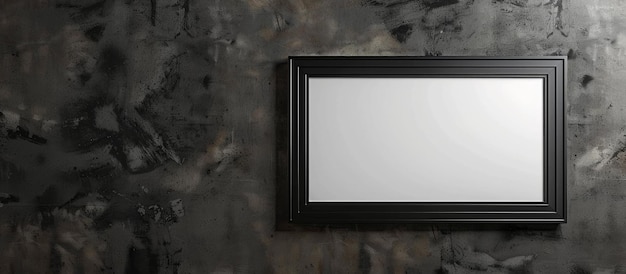 A black picture frame is mounted on a dark concrete wall displaying a blank mockup template