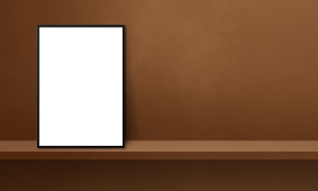 Black picture frame leaning on a brown shelf. 3d illustration. Blank mockup template. Horizontal banner