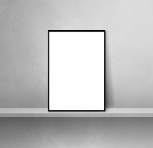 Black picture frame leaning on a grey shelf. 3d illustration. Blank mockup template. Square background