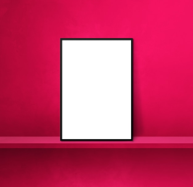 Black picture frame leaning on a pink shelf. 3d illustration. Blank mockup template. Square background