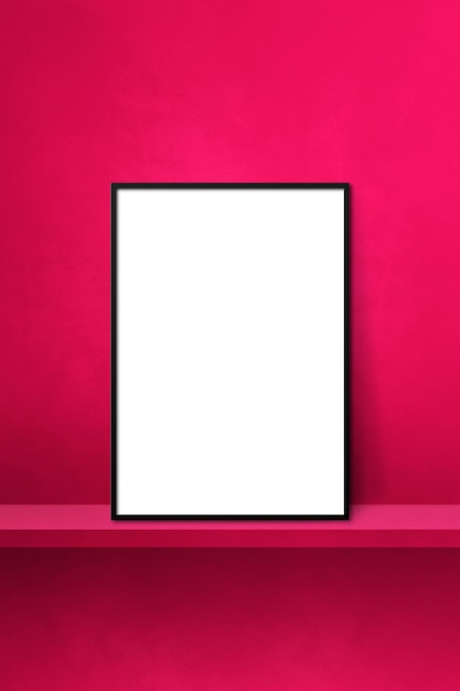 Black picture frame leaning on a pink shelf 3d illustration Blank mockup template Vertical background