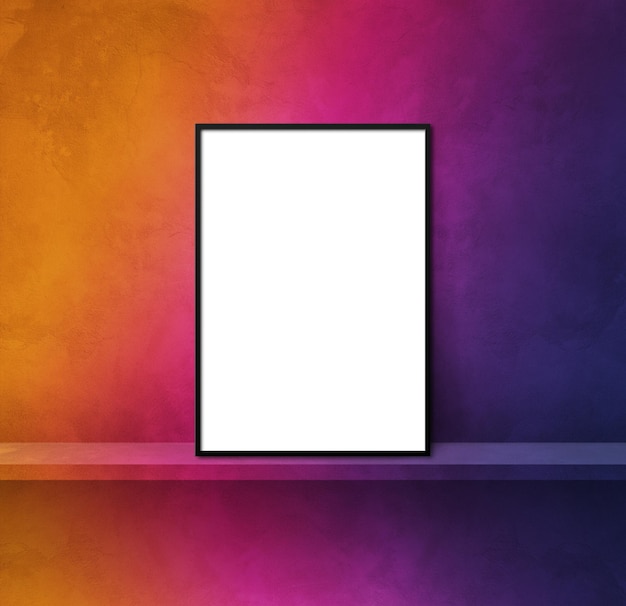 Black picture frame leaning on a rainbow shelf. 3d illustration. Blank mockup template. Square background