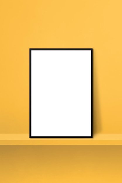 Black picture frame leaning on a yellow shelf. 3d illustration. Blank mockup template. Vertical background