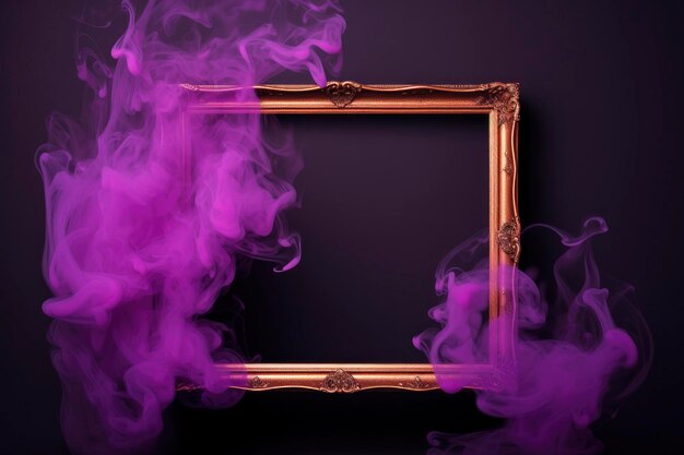 Black picture frame with orange smoke on a purple background for halloween