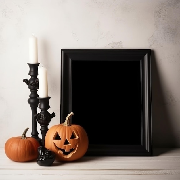 a black picture frame with a pumpkin and a candle in it.