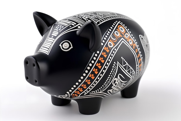 A black piggy bank with a design on the front.