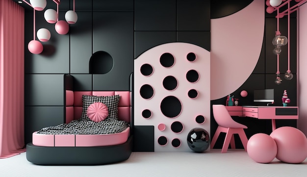 A black and pink bedroom with a bed and a table with a mirror on it.