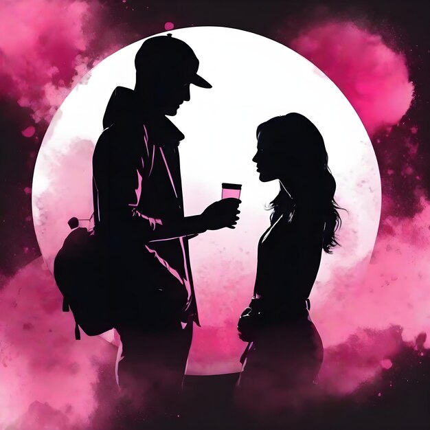 Black pink couple silhouette theme round bubble dripping watercolor ink design illustration