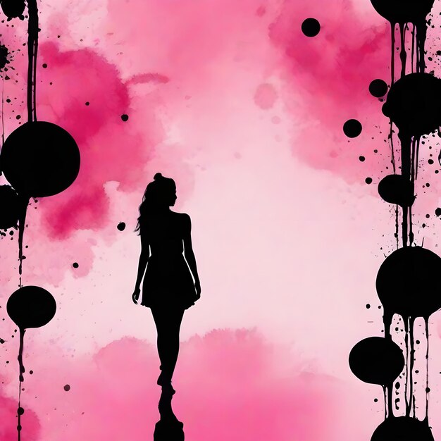 Photo black pink couple silhouette theme round bubble dripping watercolor ink design illustration