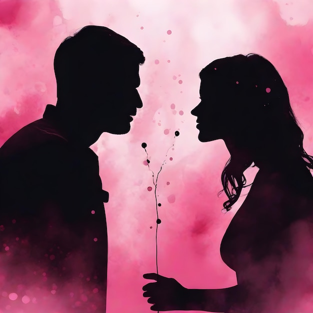 黒いピンクのカップルシルエット テーマ 丸い泡 滴る水彩のインクデザインイラスト