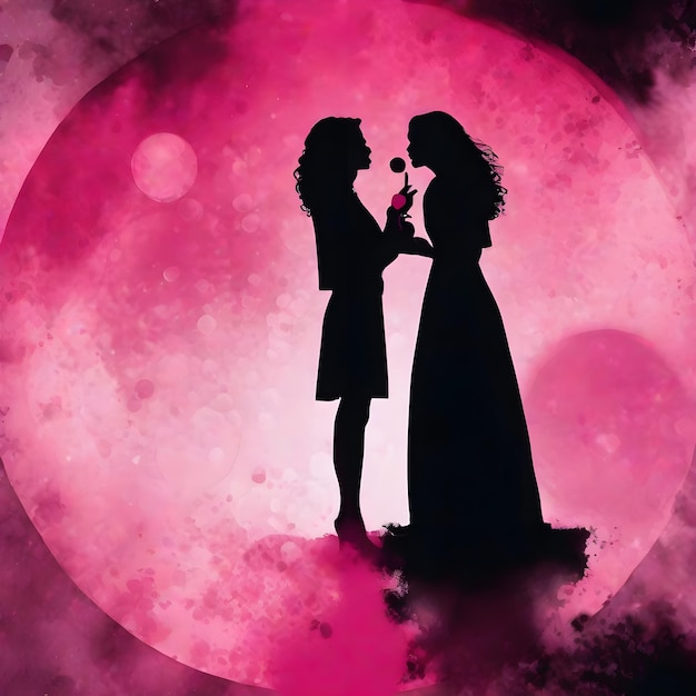 Photo black pink couple silhouette theme round bubble dripping watercolor ink design illustration