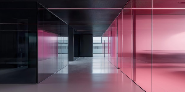 黒とピンクの要素のガラス壁のオフィスインテリアスペース
