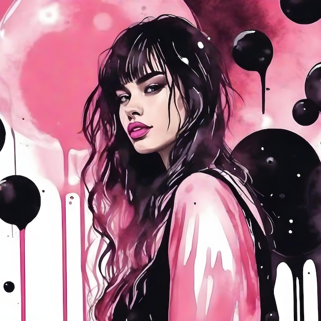 Black pink girl theme round bubble dripping watercolor ink design background wallpaper illustration