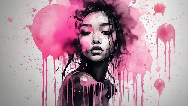 Black pink girl theme round bubble dripping watercolor ink design background wallpaper illustration