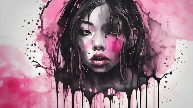 Black pink girl theme round bubble dripping watercolor ink design background wallpaper illustration