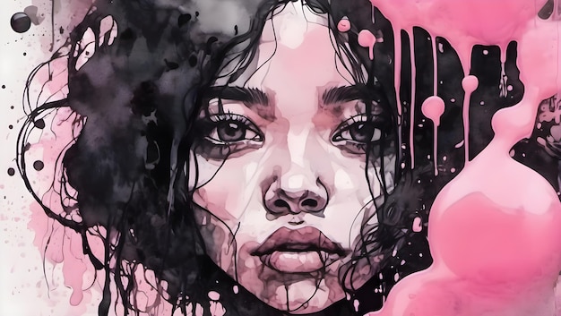 Черно-розовая девушка тема круглый пузырь капает акварельные чернила дизайн фона обои иллюстрация