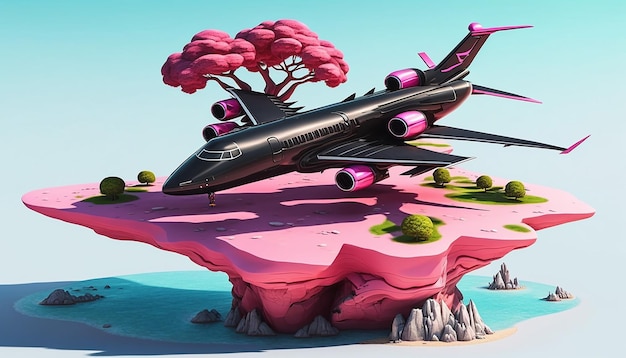 Black and pink jet on top of the island view with blue sky Generative AI