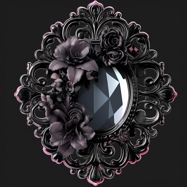 A black and pink picture of a flower and a mirror.