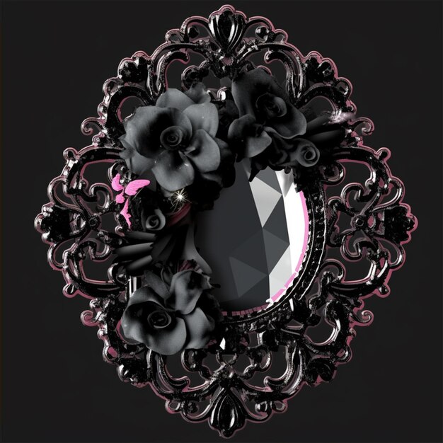 A black and pink picture of a flower and a mirror.