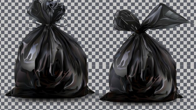 Foto un sacchetto di plastica nero per la spazzatura e la spazza moderno modello realistico di un sacchetto da spezzatura in polietilene in un rotolo e pieno di rifiuti sacchetto legato su sfondo trasparente