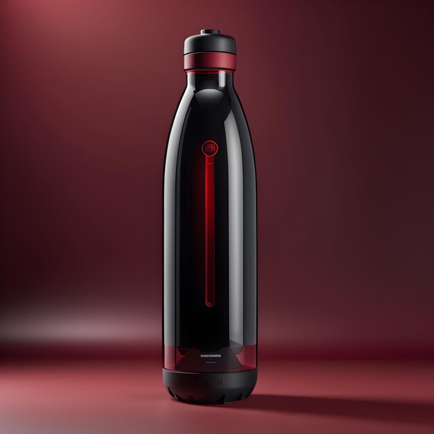 black plastic bottle with a red cap on a red background