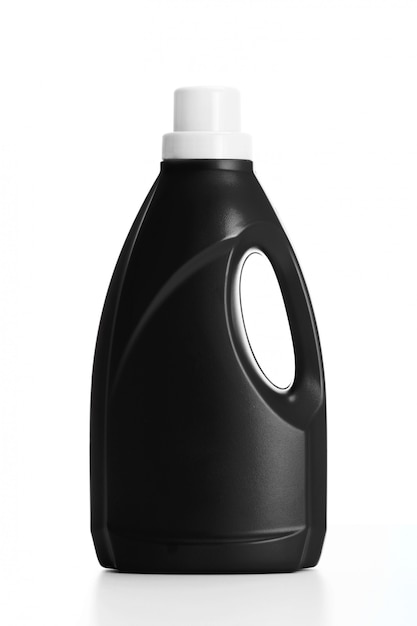 Black plastic bottle with white cap isolated on white 