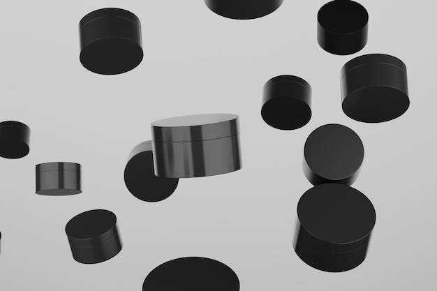 Черный пластиковый косметический макет с несколькими баночками 3D Иллюстрация