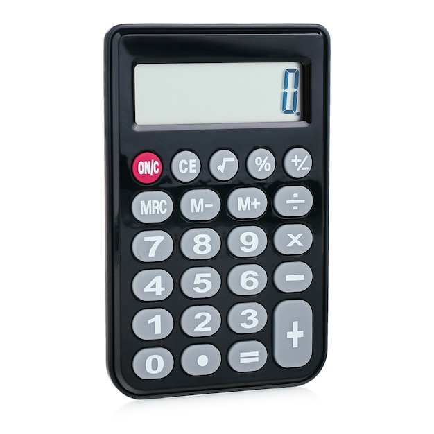 Black plastic digital calculator, isolated on a white background, close-up. Symbol economics, mathematics, accounting, finance concept. The day of knowledge, to calculate, to count money.