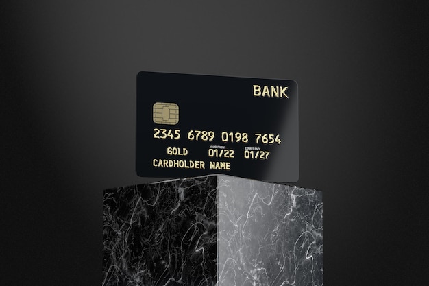 Черная пластиковая золотая кредитная карта с чипом на черном мраморном пьедестале 3d-рендеринг