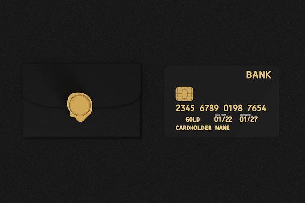 Photo black plastic golden credit card with chip and credit card package envelope on a black table background 3d rendering