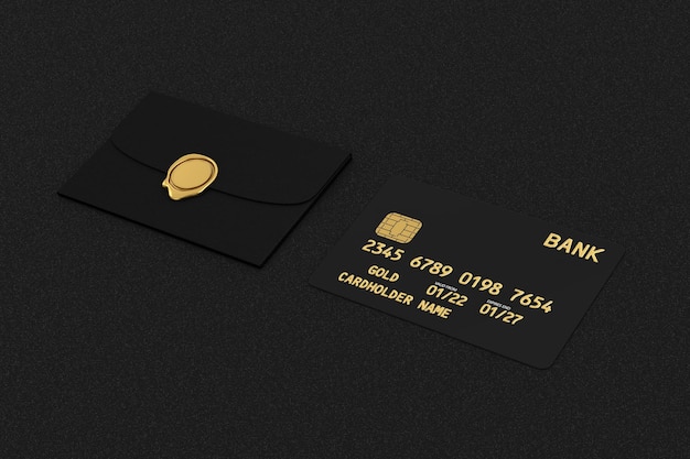 Photo black plastic golden credit card with chip and credit card package envelope on a black table background 3d rendering