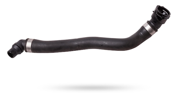 Black plastic hose of the car engine cooling system on a white isolated background in a photo studio for replacement during repair or for a catalog of spare parts for sale on auto disassembly