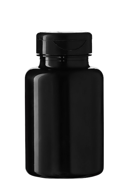 Black plastic jar with lid from tablets insulated on white background Container or container from medicines Layout