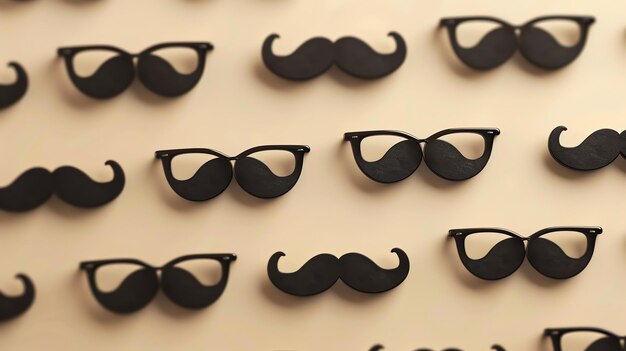 Photo black plastic mustaches and eyeglasses on a beige background the image is welllit and has a clean modern look