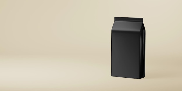 Макет черного пластикового пакета-саше на бежевом фоне 3d визуализации иллюстрации