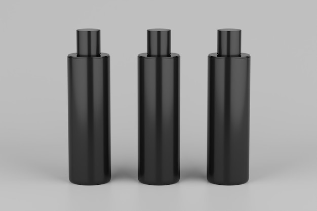 Black Plastic Shampoo Shower Gel Skin Tonic Multiple Floating Cosmetic Bottle Mockup 3D Rendering