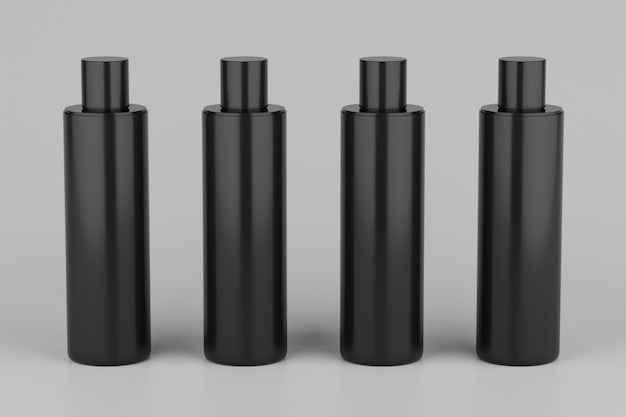 Black Plastic Shampoo Shower Gel Skin Tonic Multiple Floating Cosmetic Bottle Mockup 3D Rendering