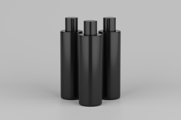 Black Plastic Shampoo Shower Gel Skin Tonic Multiple Floating Cosmetic Bottle Mockup 3D Rendering