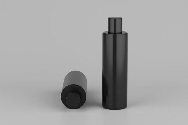 Black Plastic Shampoo Shower Gel Skin Tonic Multiple Floating Cosmetic Bottle Mockup 3D Rendering