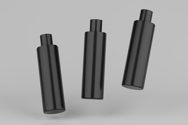 Черный пластиковый шампунь, гель для душа, тоник для кожи, несколько плавающих косметических бутылок, макет 3D-рендеринга