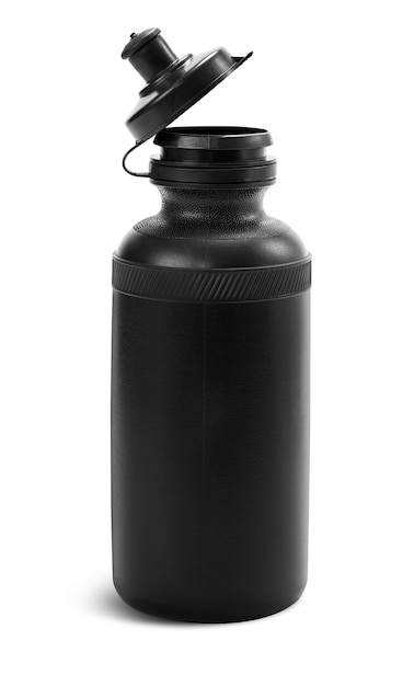 Photo black plastic water bottle for athlete isolated on white background