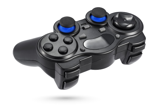 Black plastic wireless gamepad isolated on white