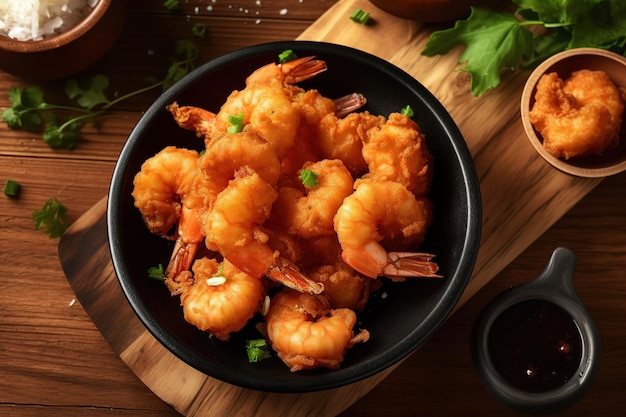 a black plate Batter fried crispy shrimp appetizer selective focus on wooden background