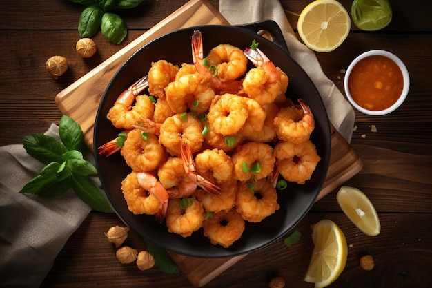 a black plate Batter fried crispy shrimp appetizer selective focus on wooden background