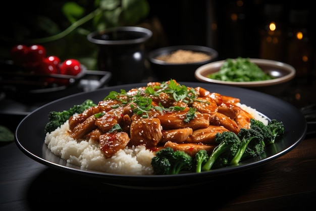 A black plate containing Pad Krapow Gai, or Thai Basil Chicken, stands out against a white background. Pad Krapow, the most well-known Thai meal, is prepared with fresh basil and ground pork or chicke