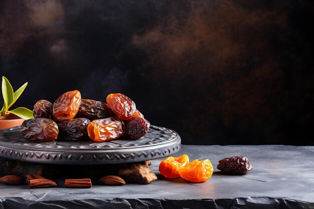 Photo black plate of dried organic dates and apricots on stone surface